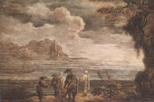 unknow artist A coastal landscape with fishermen drawing in their nets Sweden oil painting art